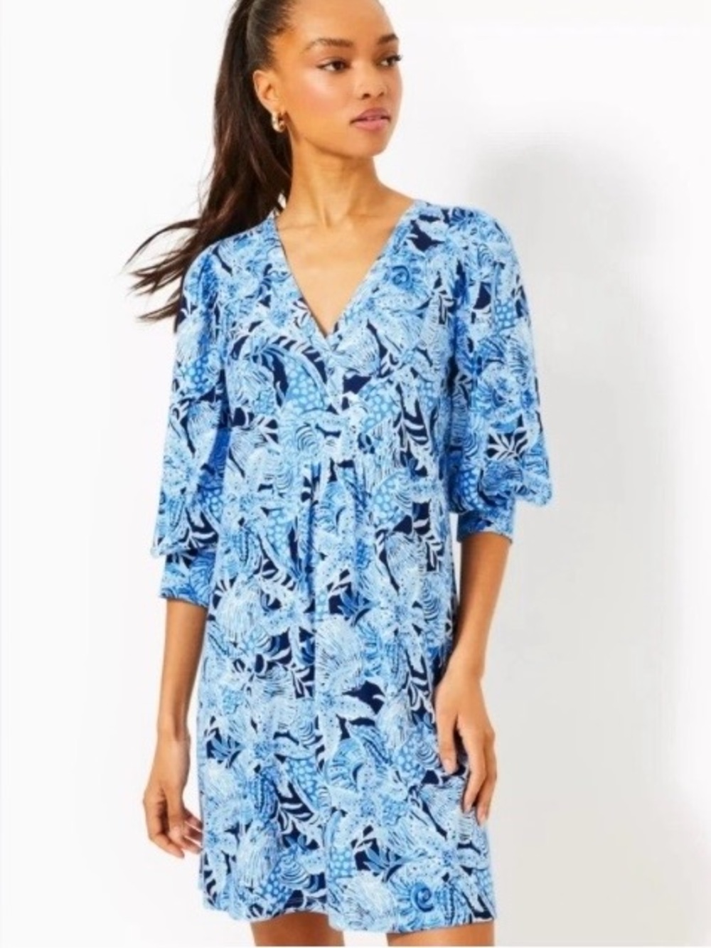 Lilly Pulitzer Cass Dress in the Bonaire Blue Coastal Constellation print.